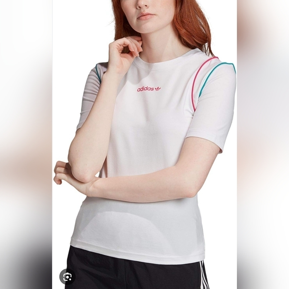 Adidas Women's White Tee with Pink and Blue Accents